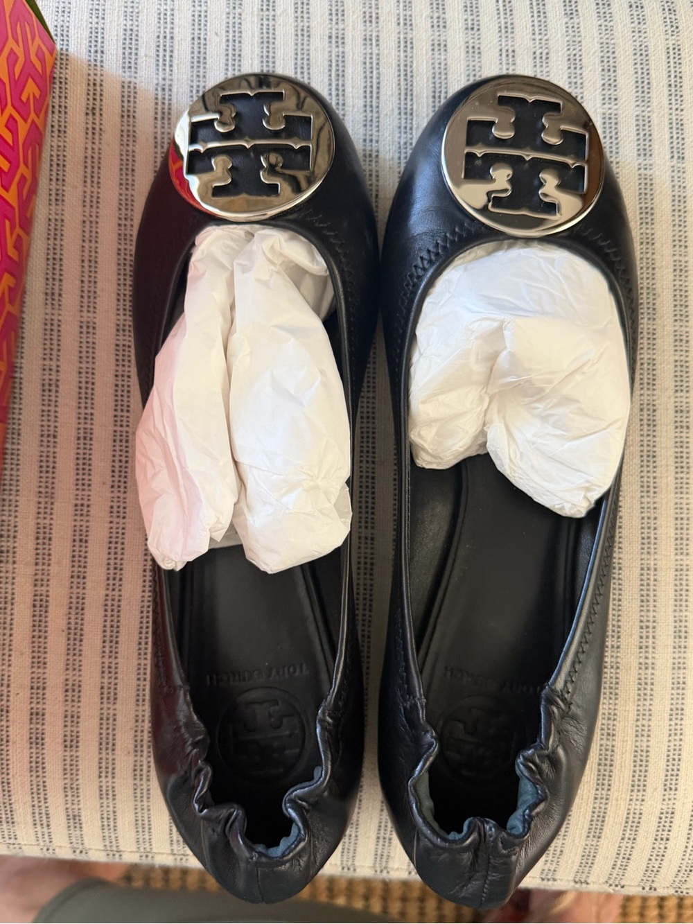 Tory Burch Black Leather Logo Round-Toe Ballet Flats
